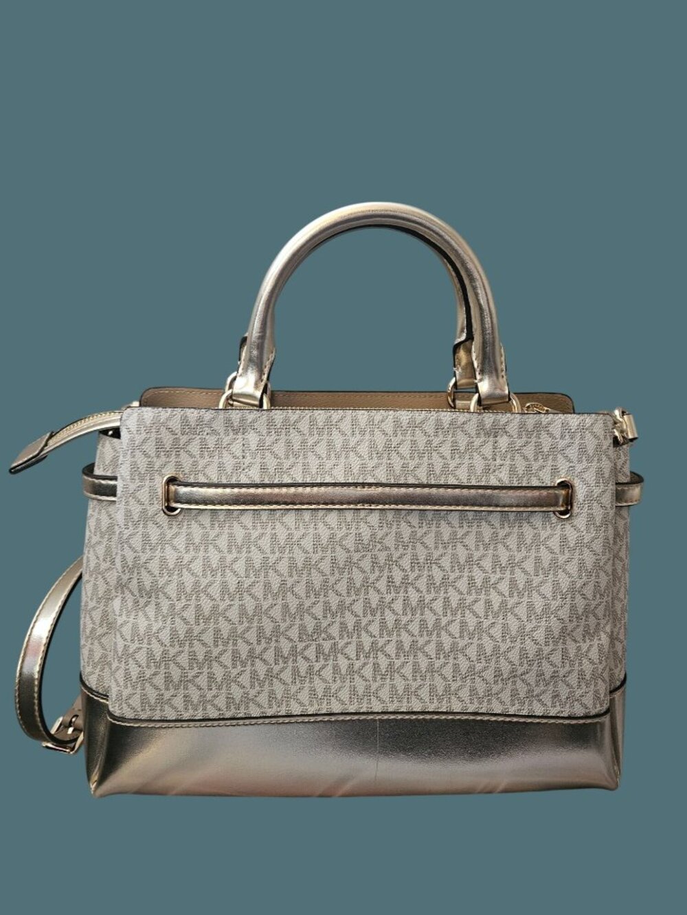 Michael Kors Reed Large Belted Vanilla Pale Gold Satchel Crossbody Bag - Picture 3 of 16